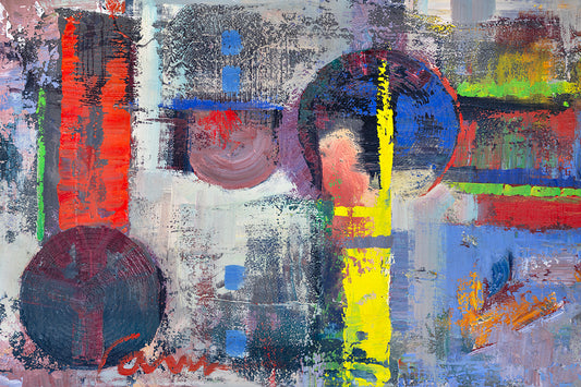 Colorful urban abstract canvas painting with geometric forms and modern contemporary textures by Miguel Camarena