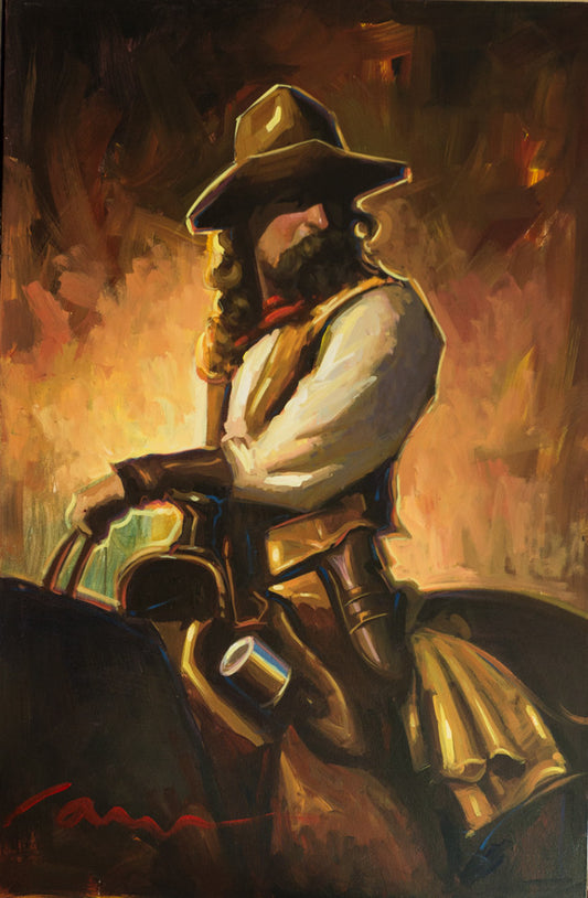 Western cowboy painting by Miguel Camarena featuring a Mexican vaquero on horseback rendered in warm Southwestern earth tones.