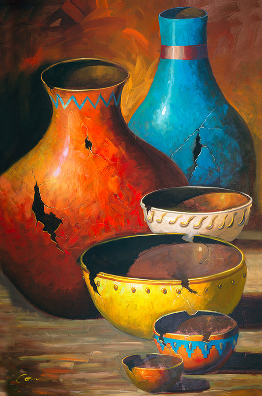 Southwestern vintage pottery canvas painting with colorful ceramic desert pots by Miguel Camarena
