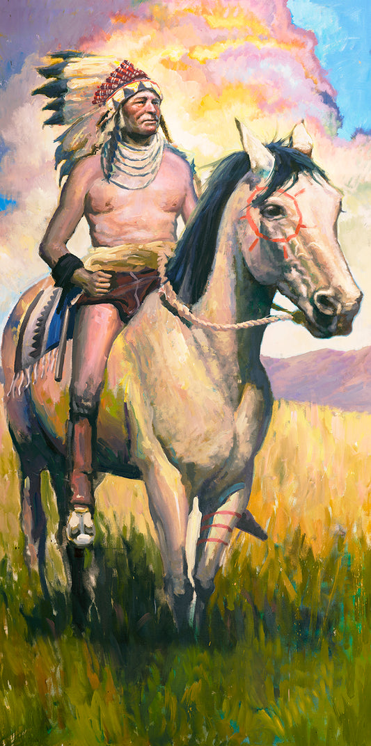 Native American warrior on horseback canvas painting by Miguel Camarena