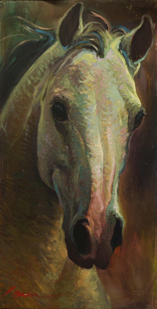 Contemporary white horse painting by Miguel Camarena featuring a close-up equine portrait in rich earth tones and dramatic lighting.
