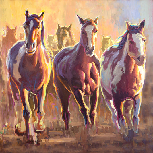 Wild horses running through the Arizona desert canvas painting by Miguel Camarena