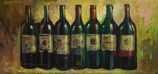 Wine bottle still life painting by Miguel Camarena featuring a collection of wine bottles arranged in warm earth tones and contemporary style.