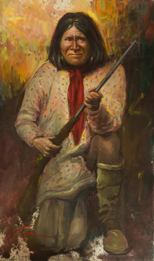 A native American holding pistol. White socks, yellow shoes, black hair and chaotic background