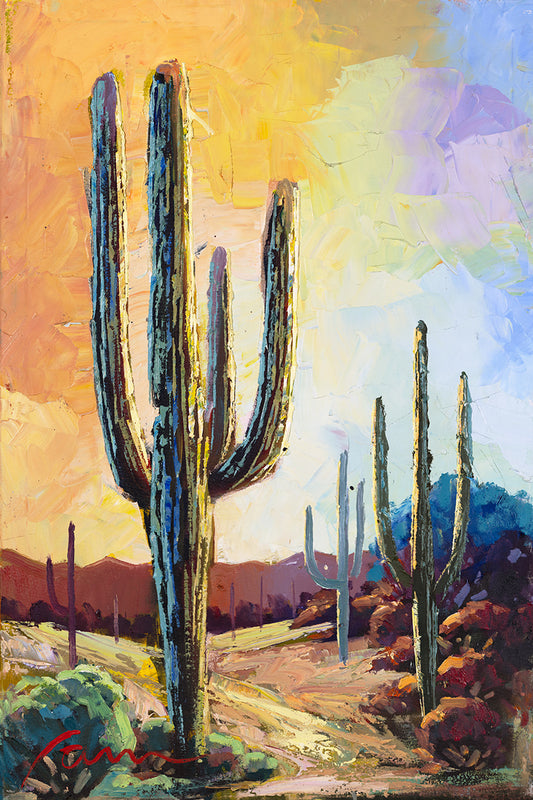 Arizona Desert Sunset Landscape Painting In Warm Colors