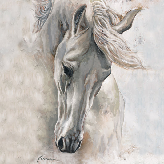 White stallion canvas painting by Miguel Camarena in soft neutral tones in square format