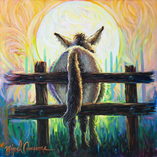 Funny donkey painting showing the rear view of a burro standing by a rustic barn fence by Miguel Camarena