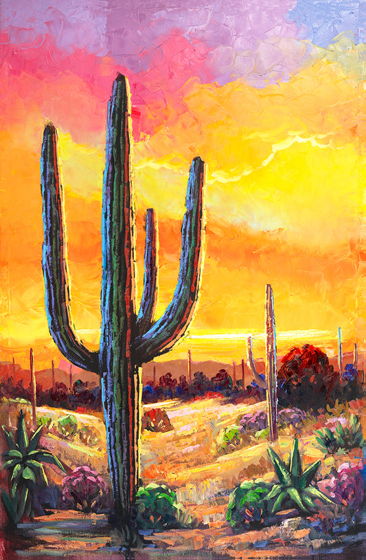 Colorful Cave Creek Arizona desert sunset painting with saguaro cactus by Miguel Camarena