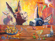 Colorful burros gathered around food and drinks in a festive Southwestern painting by Miguel Camarena in landscape.