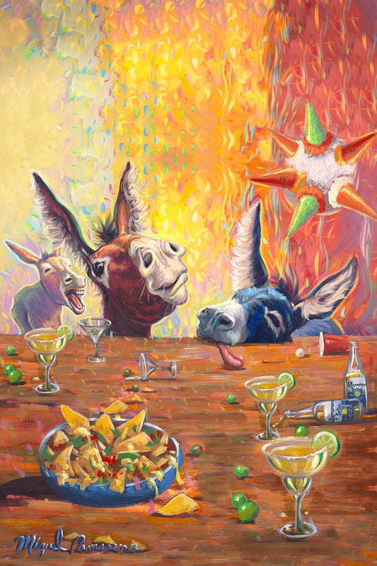 Colorful burros gathered around food and drinks in a festive Southwestern painting by Miguel Camarena in portrait.