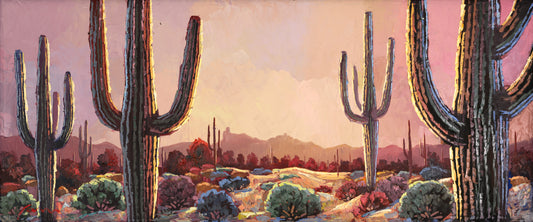 Pink Arizona desert landscape painting with saguaro cacti by Miguel Camarena