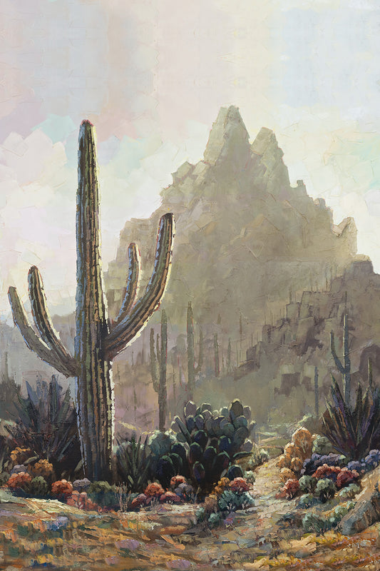 Arizona Pinnacle Peak desert landscape painting muted earth tones with saguaro cacti portrait format by Miguel Camarena