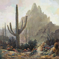 Arizona Pinnacle Peak desert landscape painting muted earth tones with saguaro cacti square format by Miguel Camarena