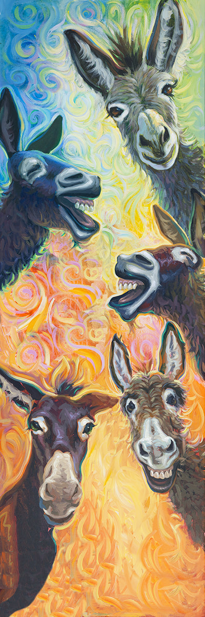 Colorful donkey family painting featuring whimsical burros by Miguel Camarena