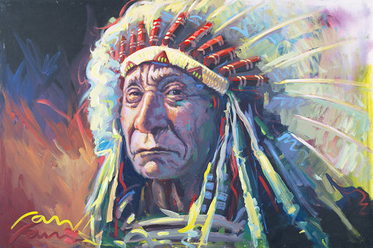Colorful painting of a Native American figure wearing a headdress by Miguel Camarena