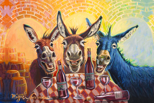 Colorful painting of three donkeys gathered in a wine cellar setting by Miguel Camarena