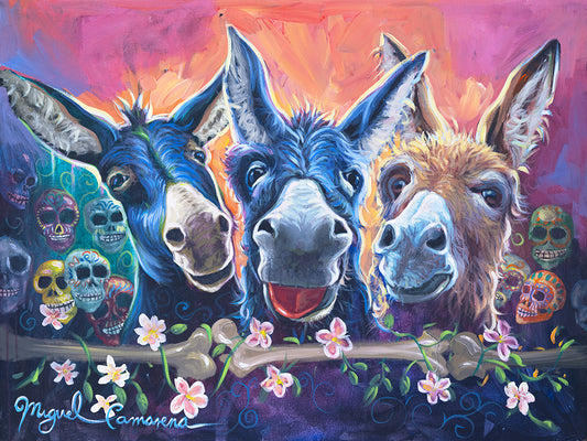 Colorful Day of the Dead donkey painting featuring three festive burros by Miguel Camarena