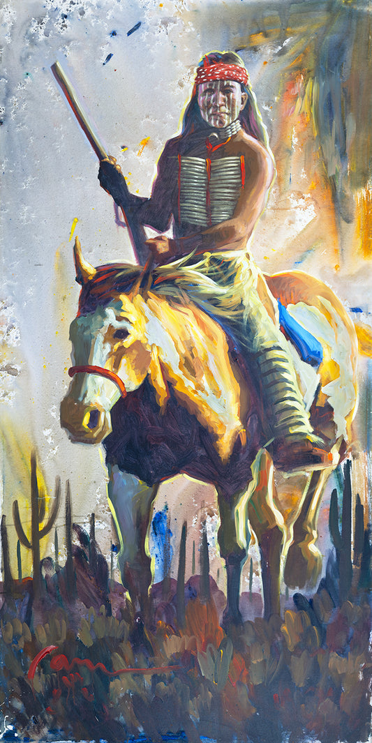 Painting of a Native American warrior on horseback with a cactus landscape in the background by Miguel Camarena