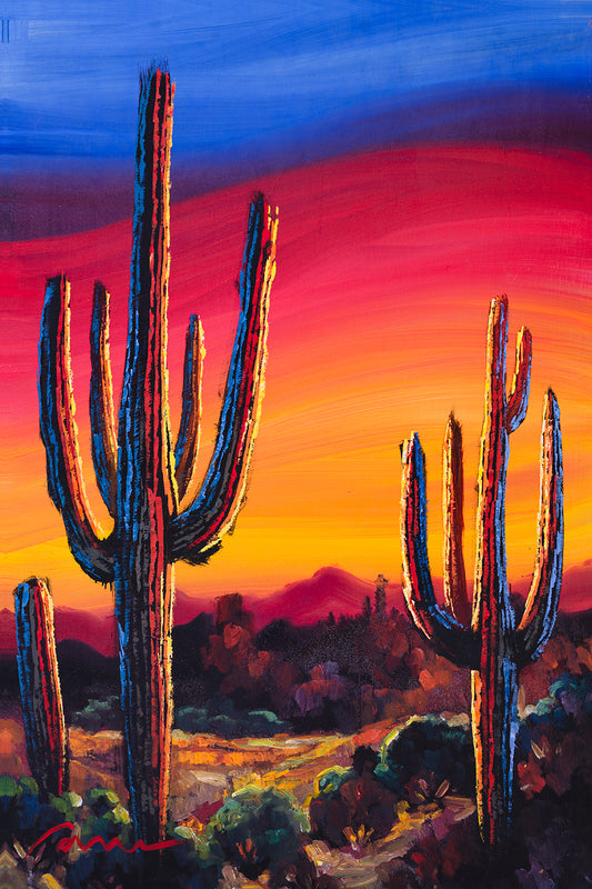 red and blue sunset-sunset paintings-desert landscape-red desert wall art-sunset desert-native american wall art-miguel camarena wall art