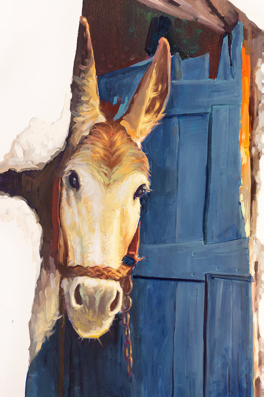 Donkey Oil Painting with Blue Door