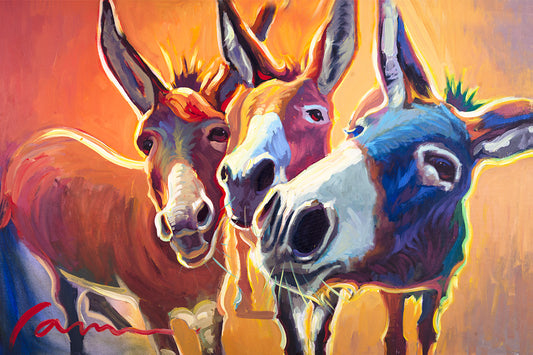 Donkey canvas art where three humble Donkeys are Standing