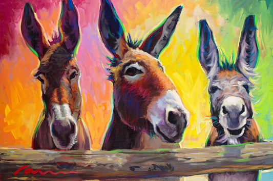 Tres donkey painting with colorful background by miguel camarena art gallery in arizona