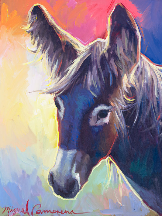 A painting of a bashful donkey's closeup face with colorful background
