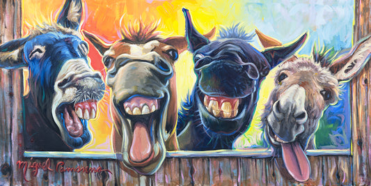 A painting of four donkeys with colorful backgroud standing in a barnyard and enjoying their own version of happy hour.