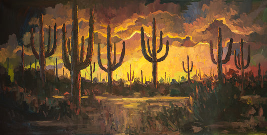Saguaro Night-oil-painting-sky on Fire-sunset painting-desert art-landscape-painting-arizona art-southwest art