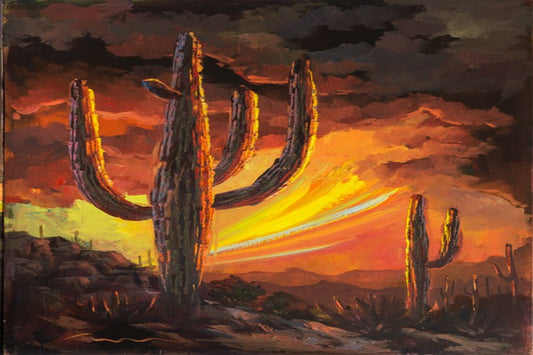 boulders sunset painting,-oil painting,-Arizona art gallery