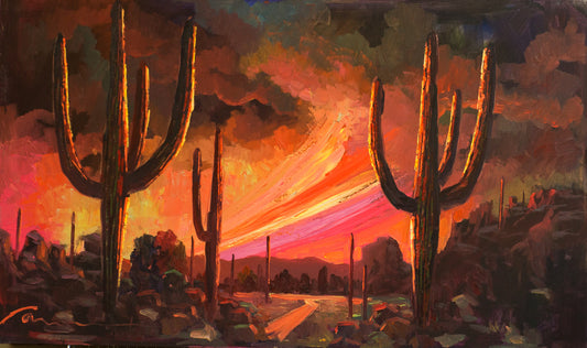 Dos Saguaros paintings-Sunset Painting-sunset paintings on canvas-painting of sunset-beautiful sunset painting-famous sunset paintings-Arizona sunset painting-southwest art