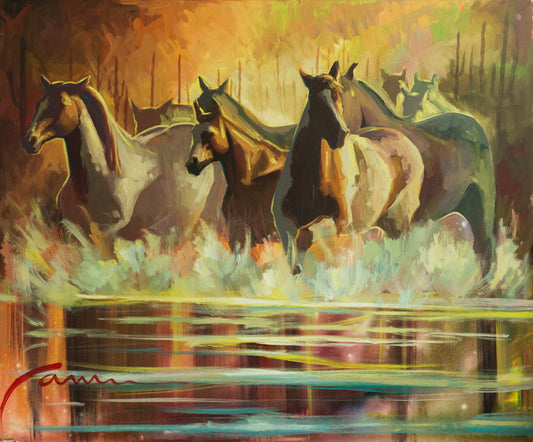 Arizona horses running on water-wall art-Miguel Camarena art gallery-cave creek-southwest art-white horses