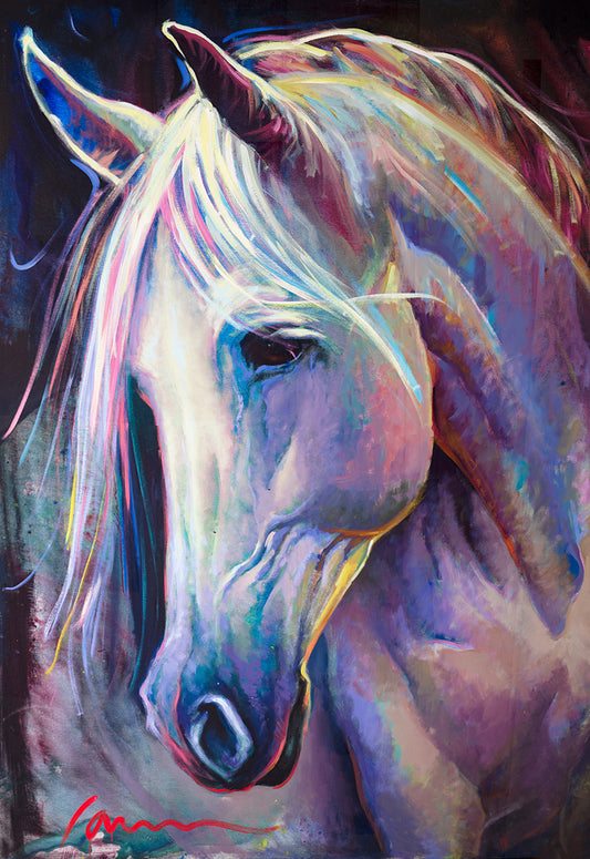 White horse painting with rainbow colors