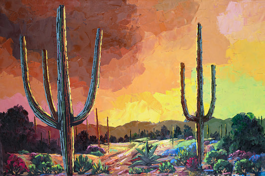 Colorful Desert Landscape Art with mountains and Saguaro Cactus