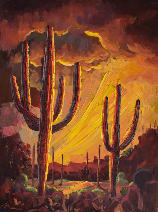 Arizona desert sunset painting by Miguel Camarena featuring tall saguaro cacti beneath a glowing Southwestern sunset sky.