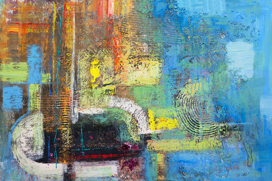 Modern atmospheric abstract canvas painting with layered blue textures and colorful geometric forms by Miguel Camarena