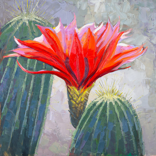 Red barrel cactus flower painting with green cactus in Southwestern desert style by Miguel Camarena