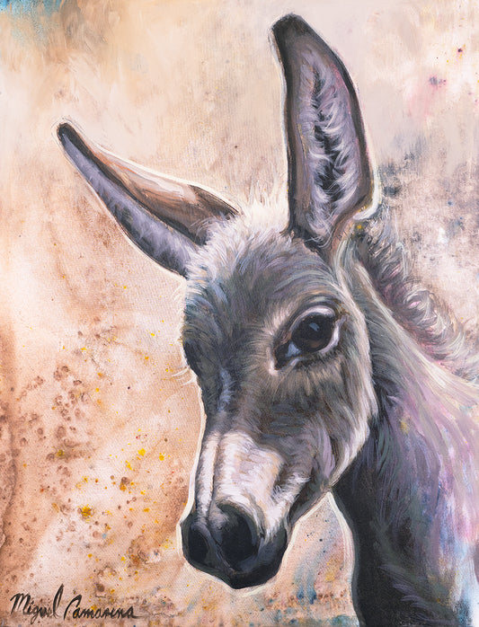 Muted neutral donkey portrait painting on canvas by Miguel Camarena with rustic contemporary Southwestern style