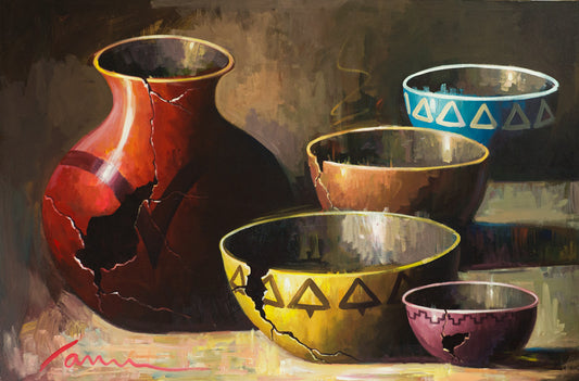 Broken Pots original Southwestern pottery painting by Miguel Camarena featuring colorful ceramic vessels and Native-inspired pottery in a still life composition.