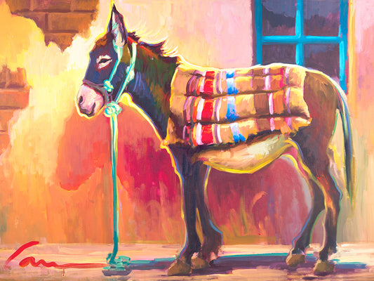 Colorful Southwestern burro painting by Miguel Camarena featuring a donkey carrying vibrant woven blankets in a rustic village setting