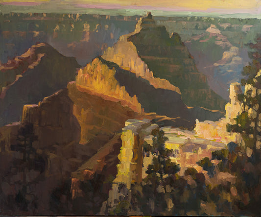 Grand Canyon original landscape painting by Miguel Camarena featuring dramatic canyon cliffs and Arizona desert scenery.
