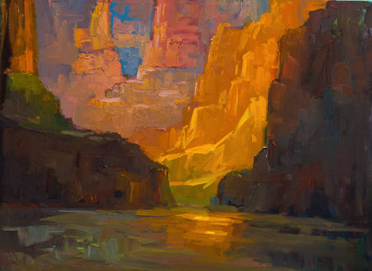 Grand Canyon River Sunset original oil painting by Miguel Camarena featuring illuminated canyon cliffs and river reflections at sunset.