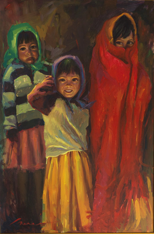 Hermanas acrylic painting by Miguel Camarena depicting three young girls in colorful traditional clothing with expressive contemporary realism.