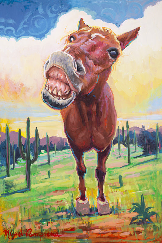 Whimsical laughing horse canvas painting by Miguel Camarena with colorful Southwestern desert background