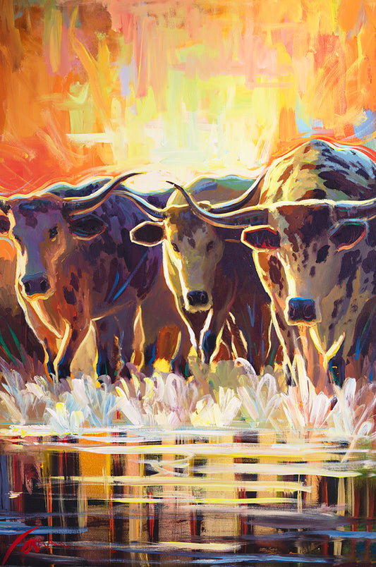 Western longhorn cattle canvas painting by Miguel Camarena