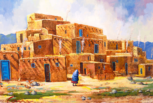 Southwestern pueblo village painting with adobe architecture and warm desert tones by Miguel Camarena