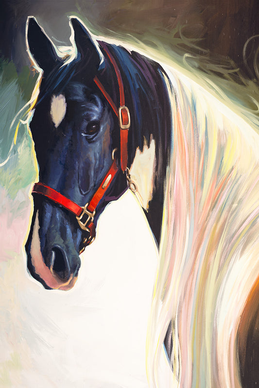 Blue horse portrait painting on canvas by Miguel Camarena