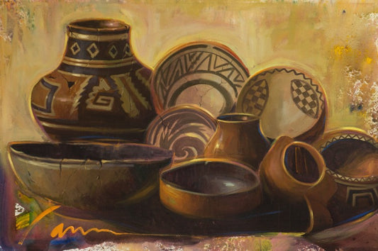 Southwestern pottery painting by Miguel Camarena featuring traditional Native American pots and handcrafted ceramic vessels.