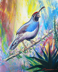 Colorful quail and agave desert wildlife painting by Miguel Camarena