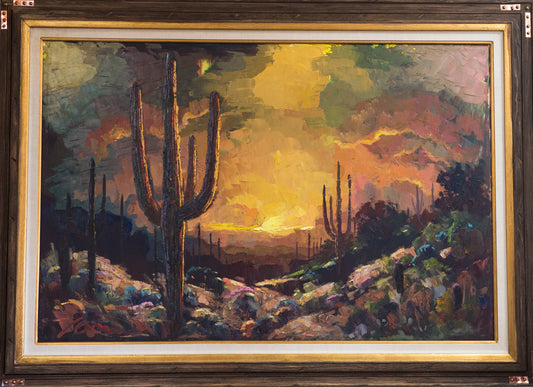 Arizona desert sunset painting by Miguel Camarena featuring saguaro cacti, desert landscape, dramatic clouds, and warm Southwestern sunset colors.
